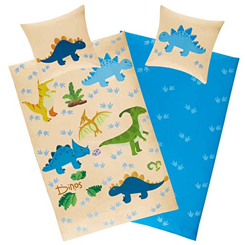 Aminata kids Bettwäsche Dinosaurier 135x200 Baumwolle Kinder Dino-Motiv Jungen mit YKK Reißverschluss, unsere Kinder-Bettwäsche-Set mit Dinosaurier-Motiv ist weich & kuschelig, blau beige von Aminata kids