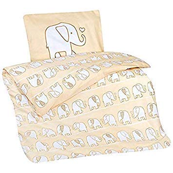 Aminata Kids Kinderbettwäsche Elefanten, Afrika, Kinder, Jungen, Mädchen, Baby Bettwäsche-Set 100 x 135 cm - Baumwolle, beige, weich & kuschelig mit Reißverschluss von Aminata kids
