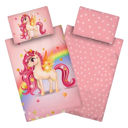 Aminata kids Bettwäsche Einhorn 100x135, 40x60 cm Mädchen Baumwolle rosa mit YKK Reißverschluss - Kinderbettwäsche mit Regenbogen und Sternen, pink rosa - Babybettwäsche Einhorn-Motiv, Pferde von Aminata kids