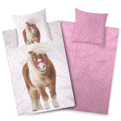 Aminata kids Bettwäsche Mädchen 135x200 Pferd - Baumwolle - Kinder-Bettwäsche mit Pferde-Motiv Islandpony - weiß rosa - Reißverschluss von Aminata kids