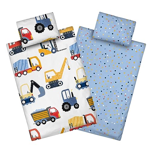 Aminata kids Kinderbettwäsche 100x135 Jungen Bagger Baustelle Baufahrzeuge Baumwolle mit YKK Reißverschluss Kinder-Wende-Bettwäsche-Set Auto-Motiv Baumaschinen Traktor Kran weiß blau von Aminata kids