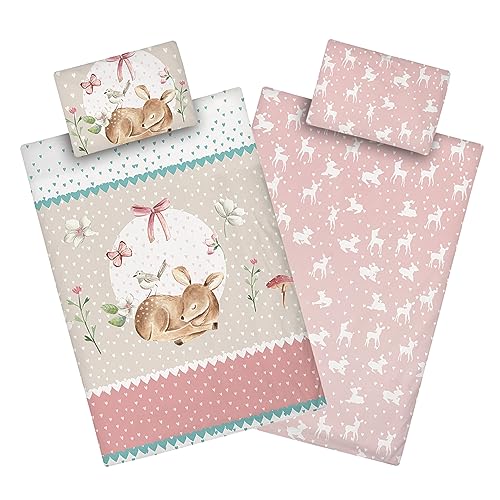 Aminata kids Kinderbettwäsche 100x135 Mädchen REH-Kitz Waldtiere Tier-Motiv Kinder-Wende-Bettwäsche-Set Rose zart-rosa Baby von Aminata kids