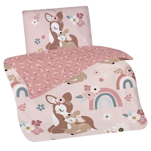 Aminata kids Kinderbettwäsche 100x135 Mädchen REH-Kitz Waldtiere Tier-Motiv Kinder-Wende-Bettwäsche-Set mit Regenbogen rosa braun Baby von Aminata kids