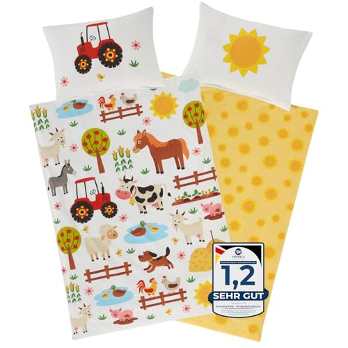 Aminata kids Kinderbettwäsche Bauernhof-Tiere 100 x 135 cm + 40 x 60 cm, Baumwolle mit Reißverschluss, unser Kinder-Bettwäsche-Set mit Tier-Motiv ist bunt, Traktor Pferd, Hund, Esel Sonne von Aminata kids