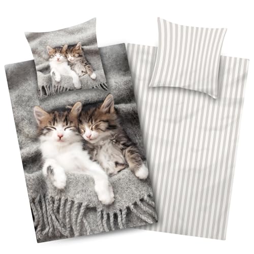Aminata kids Mikrofaser Bettwäsche Katze 135x200 Mädchen Jugendliche mit Reißverschluss - Bügelfrei - vorteilhaft für Allergiker - Kätzchen - grau gestreift von Aminata kids