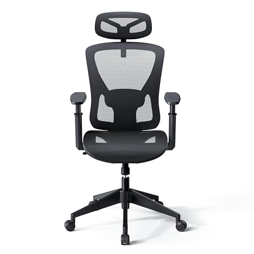 Aminiture Ergonomischer Bürostuhl, Schreibtischstuhl mit Verstellbarer Kopfstütze, Armlehnen, Lendenwirbelstütze, Chefsessel aus Mesh, Drehstuhl Wippfunktion, Bis 150kg/330LB Belastbar von Aminiture