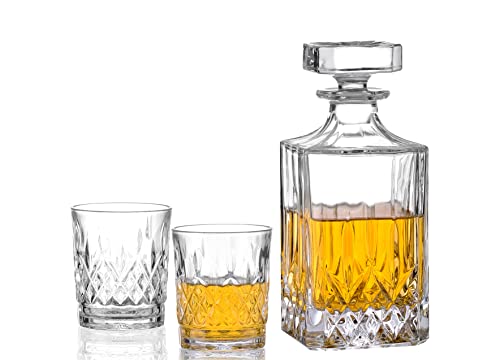 Amisglass Whiskey Karaffe mit 2 Gläsern, Whiskey Set, 3-teilig, Whisky Dekanter 700ml und Whisky Gläser 300ml 2 Stück, Kristallgläser & Longdrinkgläser von Amisglass