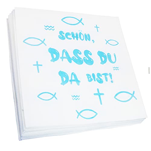 20er Pack Servietten Kommunion Deko Servietten 'Schön, DASS du da bist!' Blau Weiß Fisch Dekoration Servietten Tischdeko für Taufe, Kommunion Junge Konfirmation andere Festliche Anlässe von Amissz