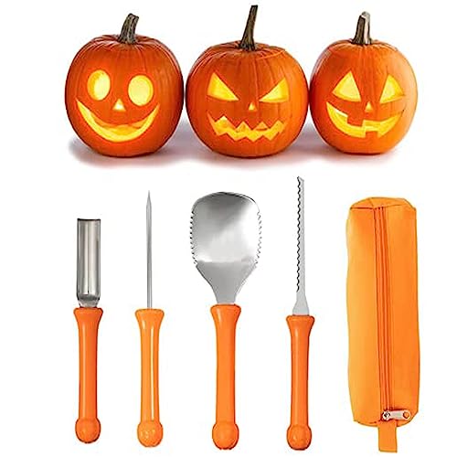 Halloween Kürbis Schnitzset 4 Stück Professionelles Kürbis Schnitzwerkzeug Edelstahl Kürbis Kürbisschnitzwerkzeug mit Aufbewahrungstasche DIY Halloween Deko für Kinder Erwachsene Kürbis-Schnitz-Set von Amissz