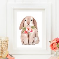 Din A4 Bild Kunstdruck Ohne Rahmen - Kaninchen Mit Blumen Hase Häschen Blumenkranz Aquarell Kinderzimmer Babyzimmer Poster Geschenk von AmizouKunst