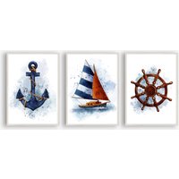 Din A4 Kunstdruck Ohne Rahmen 3Er Set - Segelboot Ruder Anker Maritim Meer Seefahrt Segeln Boot Aquarell Bild Druck Poster von AmizouKunst