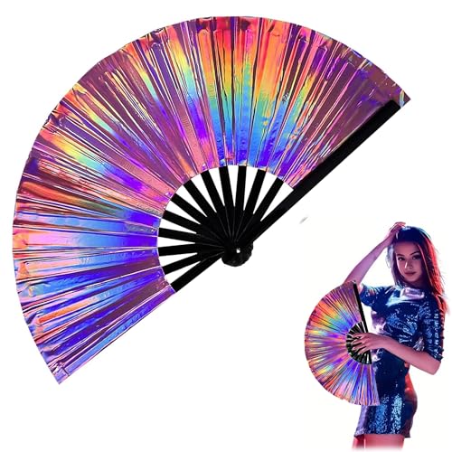 Amllaing 1 Stück Faltbarer Handfächer, Große Faltbare Rave Handfächer, Holographische Laser-Farben Handfächer, Ungefaltet 35x64cm, für Festivals,Parties,Disco Party von Amllaing