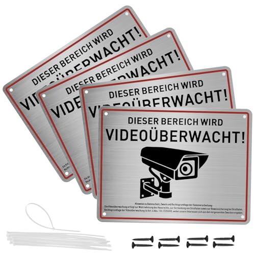 Amlope 4 Stück Achtung Videoüberwachung Schild 15x20cm Aluminium Schild Videoüberwachung Privatgrundstück HinweisKamera Überwachung Warnschild mit Schrauben und Kabelbindern für Innen und Außen von Amlope