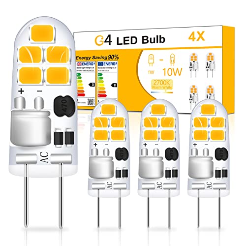 AmmToo G4 LED Glühbirne, G4 Led Birne Warmweiß 2700K, 360° G4 Lampe Leuchtmittel,1W Stiftsockellampe Entspricht 10W Halogenlampen, Lampen DC/AC 12V CRI> 85, Nicht Dimmbar Kein Flimmern(4er Pack) von AmmToo