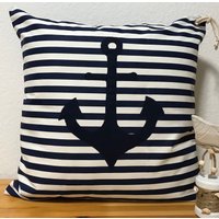 1 Maritime Kissenhülle, Kissenbezug, Landhausstil Kissen, Dekokissen Anker Blau/Weiß Gestreift 50x50cm von Ammerkind