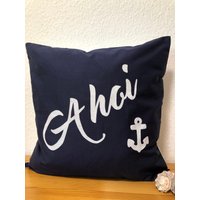 1x Maritime Kissenhülle, Kissenbezug, Landhausstil Dekokissen Ahoi Blau/Weiß 50x50cm von Ammerkind