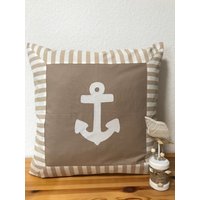 Maritime Kissenhülle, Dekokissen, Landhausstil Kissenbezug, Anker Beige/Weiß 50x50cm von Ammerkind