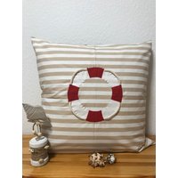 Maritime Kissenhülle , Landhausstil Kissenhülle, Kissenbezug, Dekokissen Rettungsring Beige/Rot Gestreift 40x40cm von Ammerkind