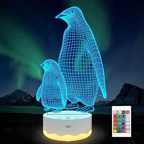Ammonite Pinguin-3D-Nachtlicht für Kinder, 16 Farbwechsel-Illusionslampe mit Fernbedienung, dimmbar, Timer-Funktion, Kinderzimmer-Dekoration, Geschenke für Jungen und Mädchen von Ammonite