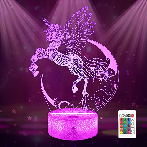 Ammonite Einhorn Nachtlicht für Kinder, Einhorn 3D Illusion Lampe 16 Farben ändern mit Fernbedienung & Timer Einhorn Nachttischlampe als Geburtstagsgeschenk für Mädchen Frauen von Ammonite