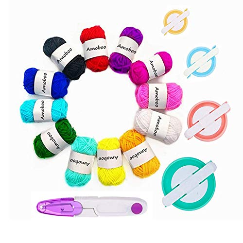 Pompom Maker,4 Größen Bommel Maker Groß Set Fluff Kugel Weber DIY Handwerk Pompom Making Kit für Anfänger + 12Pcs Acrylgarn + 1PC Schere (17) von Amoboo