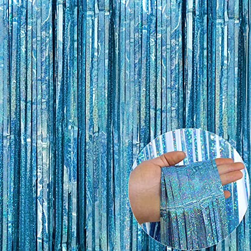 Amokee Hellblau Lametta Vorhänge Hintergrund, 2 x 2.5m Selbstklebende Folien Fransen Lamett, Metallic Folien Party Hintergrund Dekoration für Geburtstagsfeier Hochzeitsfoto Hintergrund Abschlussball von Amokee