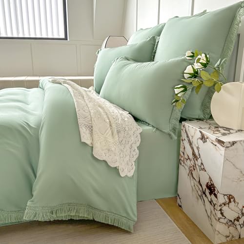 Amolavet Boho Quasten Design Salbeigrün Bettwäsche 135x200 2teilig Set aus Gebürstetem Mikrofaser Sommer Bettwäsche 135x200 Bettbezug 135 X 200 Mit Reißverschluss + Kissenbezüg 80x80 für Einzelbett von Amolavet