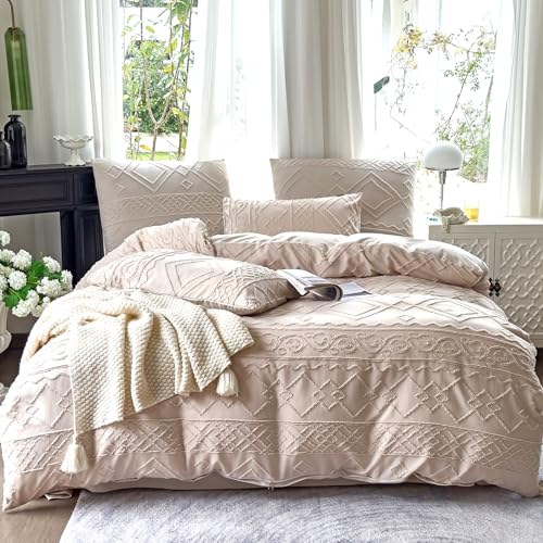 Amolavet Boho Bettwäsche 135x200 2teilig Set Beige Getuftet Vintage Geometrische Muster aus Weich Bügelfreie Gebürstetem Mikrofaser - Boho Deko Sommer Bettwäsche 135x200 für Einzelbett von Amolavet