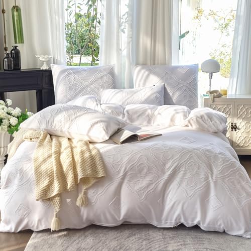Amolavet Boho Bettwäsche 135x200 2teilig Set Weiß Getuftet Vintage Blümchen aus Weich Bügelfreie Gebürstetem Mikrofaser - Boho Deko Sommer Bettwäsche 135x200 für Einzelbett von Amolavet
