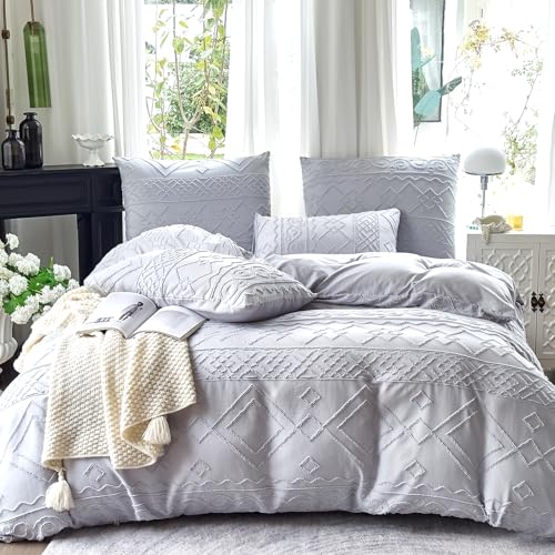 Amolavet Boho Bettwäsche 200x200 3teilig Set Grau Getuftet Vintage Geometrische Muster aus Weich Bügelfreie Gebürstetem Mikrofaser - Boho Deko Sommer Bettwäsche 200x200 für Doppelbett von Amolavet