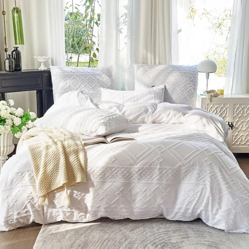 Amolavet Boho Bettwäsche 200x200 3teilig Set Weiß Getuftet Vintage Geometrische Muste aus Weich Bügelfreie Gebürstetem Mikrofaser - Boho Deko Sommer Bettwäsche 200x200 für Doppelbett von Amolavet