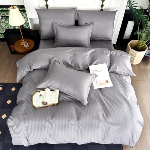 Amolavet Hotel Bettwäsche 135x200 Baumwolle Grau 2teilig Set Bettwäsche 135x200 Mako Satin Baumwolle Damast Streifen Grau mit Reißverschluss für Ganzjährig von Amolavet
