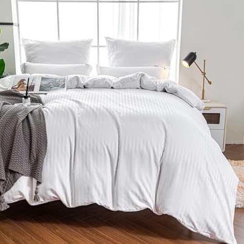 Amolavet Hotel Bettwäsche 135x200 Mikrofaser Weiß 2teilig Set Bettwäsche 135x200 Mako Satin Mikrofaser Damast Streifen Weiß mit Reißverschluss für Ganzjährig von Amolavet