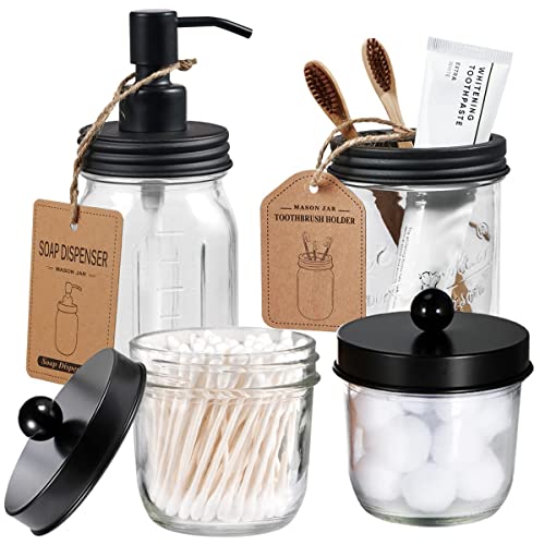 Mason Jar Badezimmer-Zubehör-Set (4-teilig), Lotion-Seifenspender & Wattestäbchen-Halter Zahnbürstenhalter, Rustikales Bauernhaus-Dekor Apotheker-Gläser, perfektes Geschenk Dekorationsidee (schwarz) von Amolliar