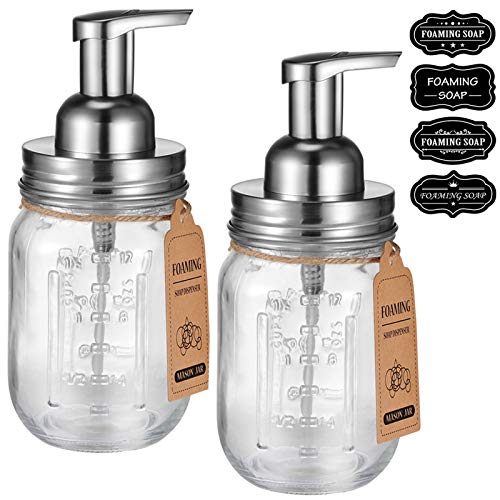 Mason Jar Schaumseifenspender, rostfreier Edelstahldeckel/BPA-freie Schaumstoffpumpe, wasserdichte Kreidetafel-Etiketten, Bauernhausdekoration, Badezimmer-Zubehör, gebürstetes Nickel, 2 Stück von Amolliar