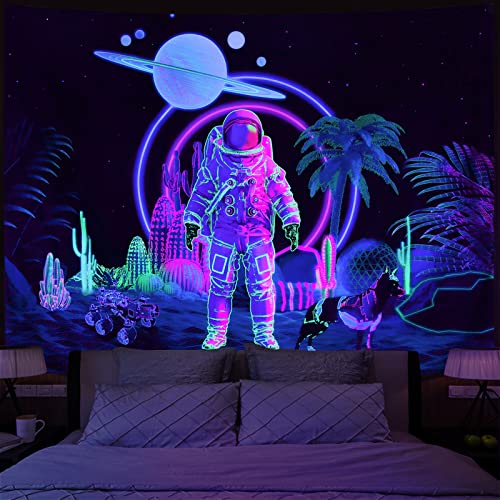 Amonercvita Schwarzlicht Astronaut Wandteppich UV Reaktiv Planet Tapisserie Neon Kaktus Tapisserie Galaxy Weltraum Tapisserie Schwarzlicht Palme Wandbehang für Zimmer von Amonercvita