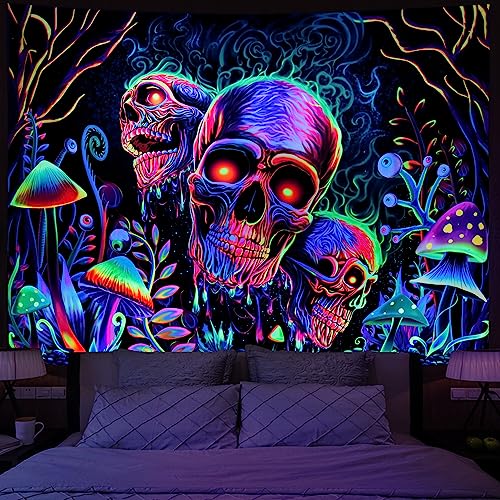 Amonercvita Schwarzlicht-Totenkopf-Wandteppich, Fantasie-Pflanze, florales Wandteppich, UV-reaktives Neon-Pilz-Skelett, Wandteppich, Galaxie, Weltraum, Wandbehang für Heimdekoration (B 130 x H 150 cm) von Amonercvita