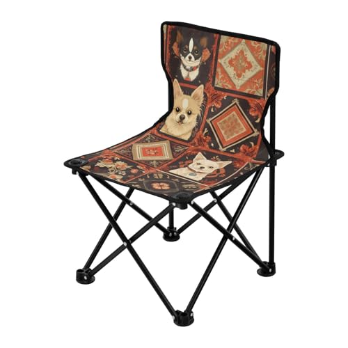 Amooorous Boho Muster Dunkle Niedliche Hunde Faltbare Campingstühle für Erwachsene Ultraleichte Tragbare Stühle für Erwachsene Inklusive Tragetasche für Konzert Eisfischen von Amooorous