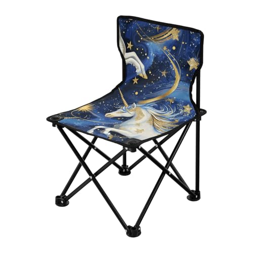 Amooorous Cartoon-Campingstuhl mit niedlichen blauen und goldenen Einhörnern, verstaubar, für Erwachsene, strapazierfähig, ultraleicht, inklusive Tragetasche, für Picknick, Wandern von Amooorous
