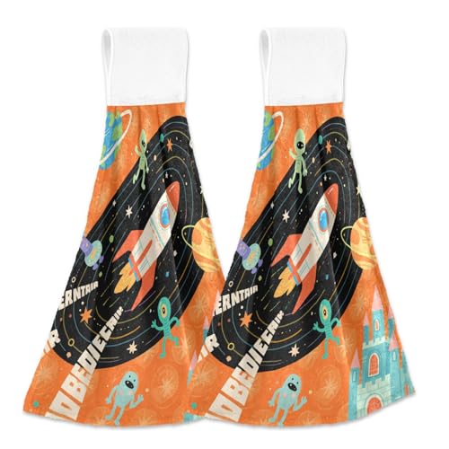 Amooorous Cartoon Cute Orange Raumschiff Planet dekorative Handtücher mit Schlaufen Set von 2 dekorativen Handtüchern Geschirrtücher weiß von Amooorous