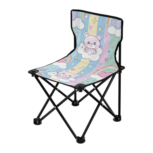 Amooorous Faltbarer Jugend-Campingstuhl, Cartoon-Motiv, niedlicher Farbbär, ultraleicht, Strandkorb-Rucksack mit Tragetasche für Outdoor-Wandern von Amooorous