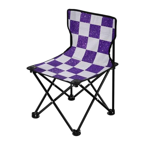 Amooorous Gefälschte Glitzer-Schachbrettquadrate, weiß, lila, kompakte Campingstühle für Erwachsene, ultraleicht, faltbar, Tragetasche im Lieferumfang enthalten, für Rasenlager von Amooorous