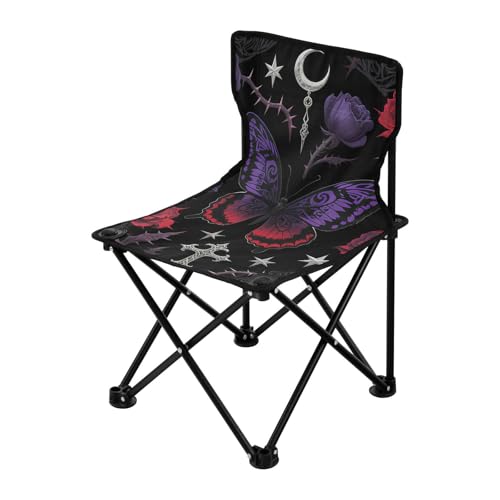 Amooorous Gothic Lila-Rot Rose Schmetterling Packbarer Campingstuhl Ultraleicht Strandkorb Rucksack inklusive Tragetasche für Reisen im Freien von Amooorous