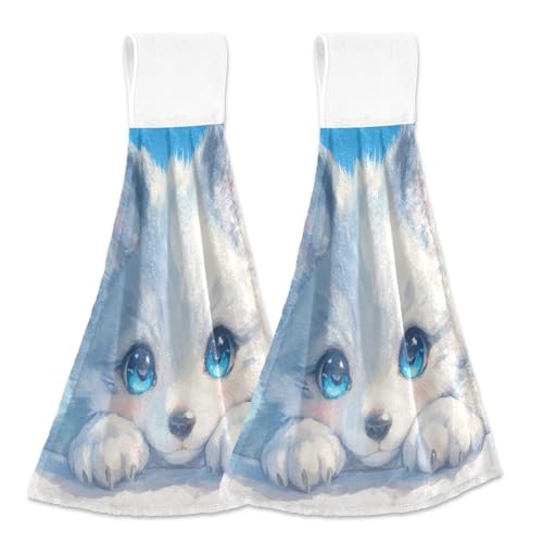 Amooorous Niedliche Cartoon-Handtücher mit blauen und weißen Wolf-Motiven, mit Aufhängeschlaufe, 2er-Set Handtücher für Badezimmer, Waschlappen mit Aufhängeschlaufe Amooorous Niedliche Cartoon-Handtücher mit blauen und weißen Wolf-Motiven, mit Aufhängeschlaufe, 2er-Set Handtücher für Badezimmer, Waschlappen mit Aufhängeschlaufe von Amooorous