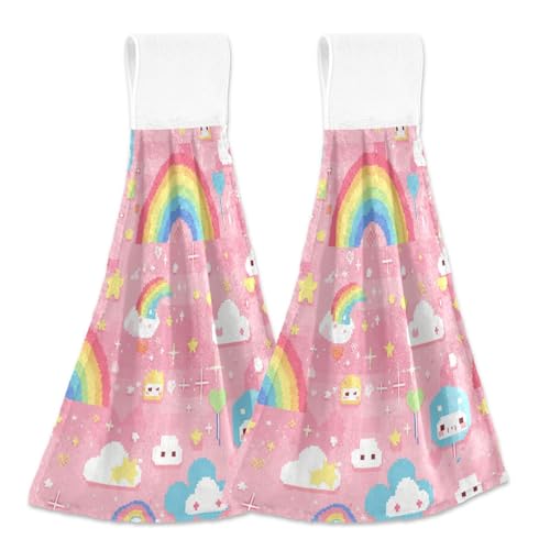 Amooorous Pixal Pfirsichmuster Regenbogen dekoratives Handtuch mit Knopfschlaufe 2er Set Kinder Waschlappen Geschirrtrockentücher saugfähig Amooorous Pixal Pfirsichmuster Regenbogen dekoratives Handtuch mit Knopfschlaufe 2er Set Kinder Waschlappen Geschirrtrockentücher saugfähig von Amooorous