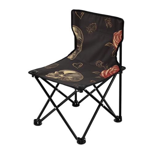 Amooorous Totenkopf Rose Rot Schwarz Valentine Gothic Tragbare Campingstühle für Erwachsene Leichter tragbarer Stuhl zum Warten in der Schlange inklusive Tragetasche zum Wandern von Amooorous