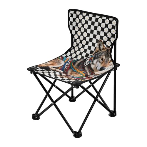 Amooorous Tribal Style Wolf Weiß Schwarz Kariert Ultraleicht Campingstuhl Ultraleicht Kompakt Klappstuhl Tragetasche für Reisen Outdoor von Amooorous