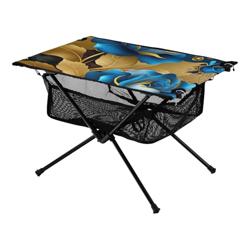 Beach Faltbarer Tisch Blau Gold Rose Wasserdicht Outdoor Picknicktisch mit Aufbewahrungstasche für Outdoor Essen Kochen Picknick von Amooorous