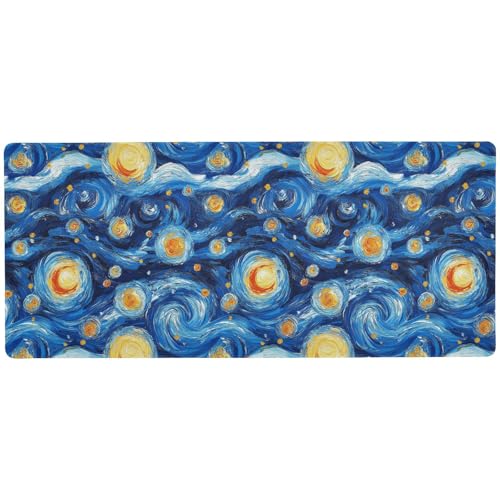 Blaues und gelbes Ölgemälde, Sternenhimmel, tragbare Schreibtischunterlage für Tastatur und Maus, langes Mauspad, Gaming, 80 x 30 cm von Amooorous