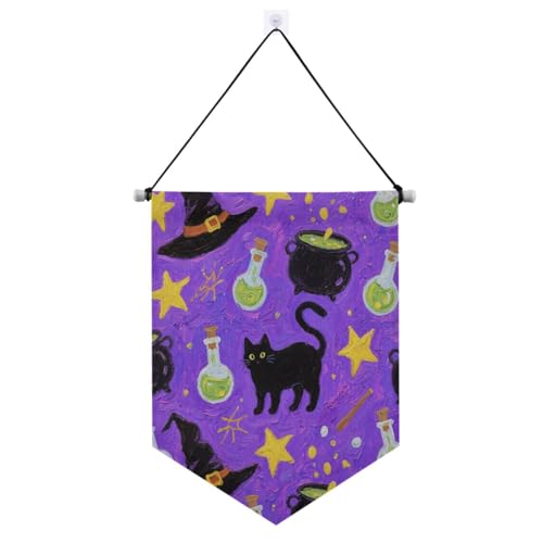 Halloween Black Cat Magic Wandbehang Banner mit Teleskopstange Banner Outdoor Party Dekorationen für Festival & besondere Tage Banderines Para Fiestas von Amooorous